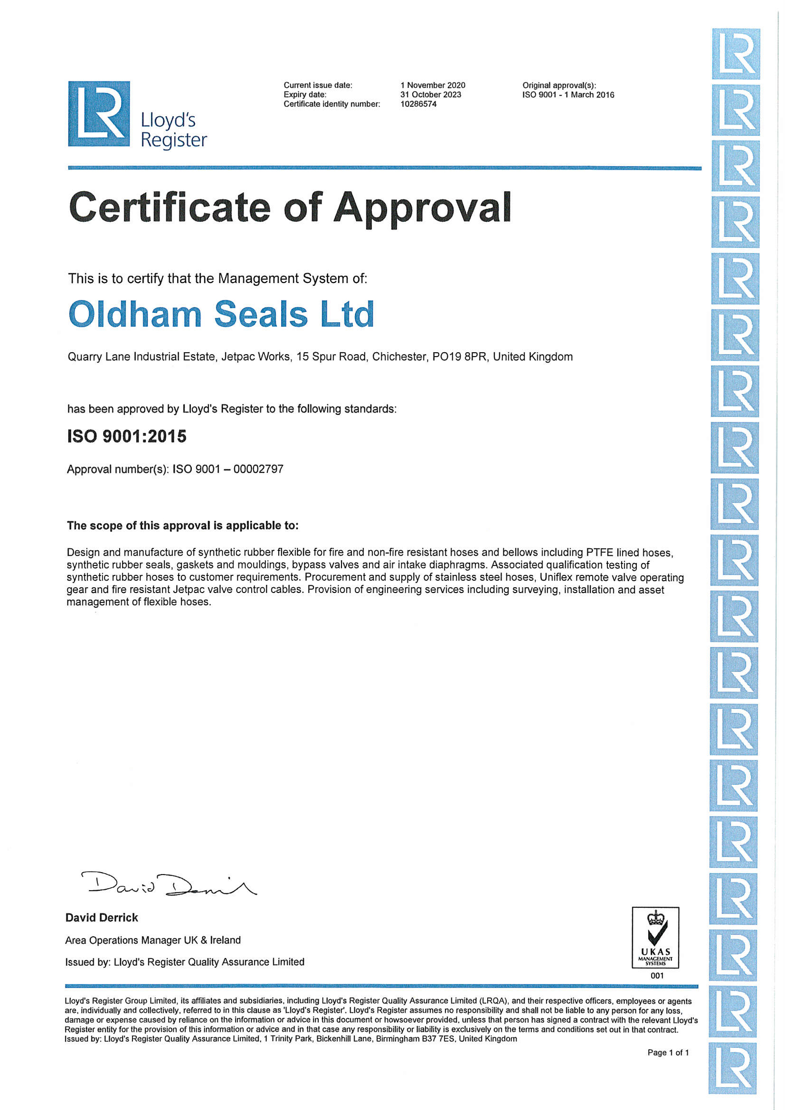 Oldham Seals Certificate of ISO 9001 Aproval